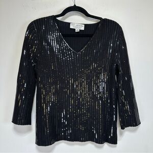 St. John Evening by Marie Gray Beaded Knit Top Black V-Neck 3/4 Sleeve Luxury